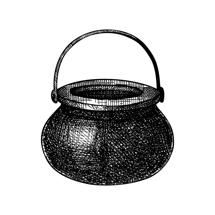Witch pot sketch. Vintage pan drawing in engraved style for witchcraft, alchemy. Сooking utensils Ink vector illustration isolated on white background. Hand drawn Halloween design element